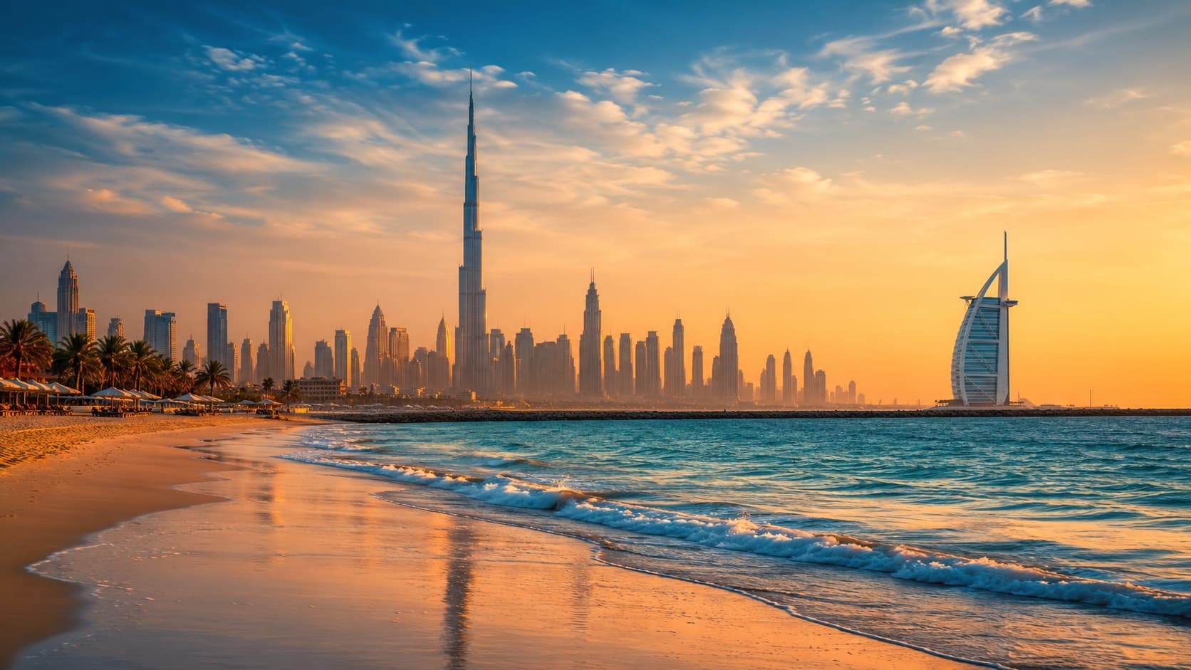 Dubai skyline with Burj Khalifa and Burj Al Arab at sunset