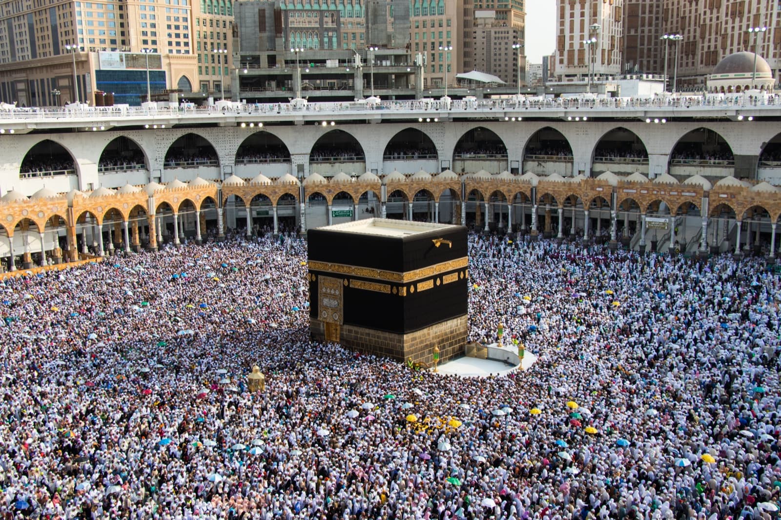 Aerial view of the Holy Kaaba surrounded by pilgrims in Mecca
