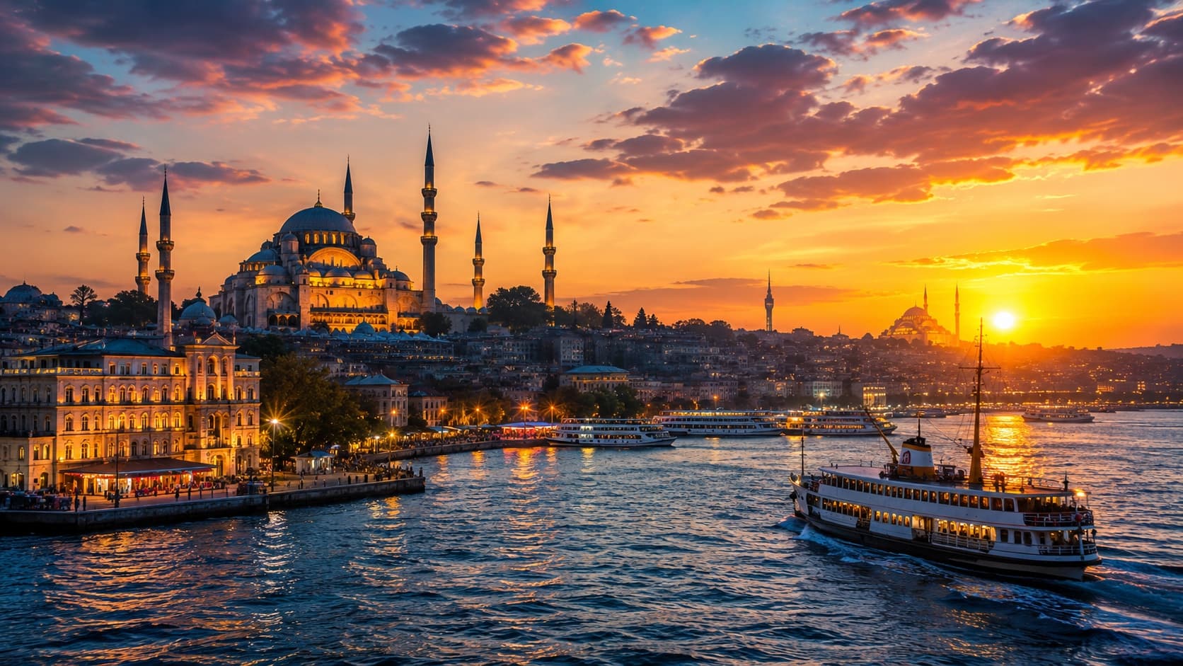 Istanbul mosque skyline at golden sunset with Bosphorus ferry