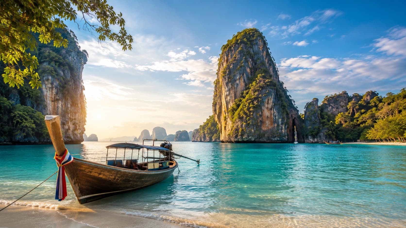 Thailand limestone cliffs and turquoise water with traditional longtail boat